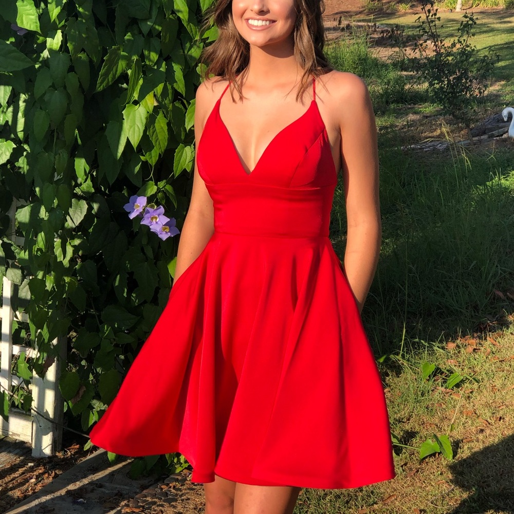 Red homecoming dress, size 0, strap up back, spaghetti string straps, pockets